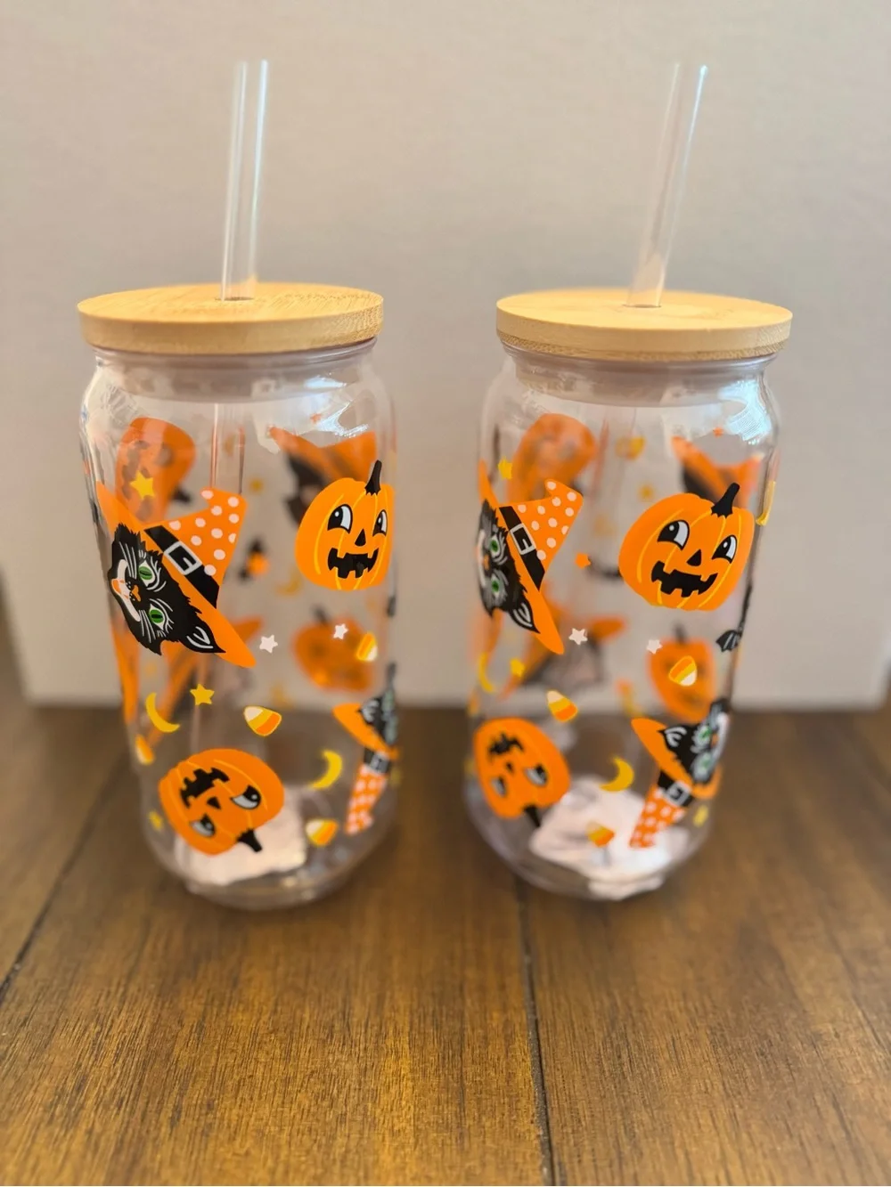 Vintage Style Halloween Cat & Pumpkin Tumbler with Straw - set of 2